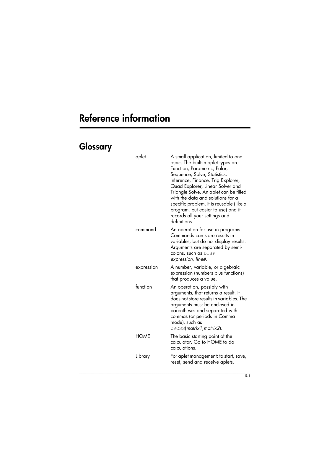 HP 39gs Graphing manual Reference information, Glossary, Expression line#, Cross matrix1,matrix2 