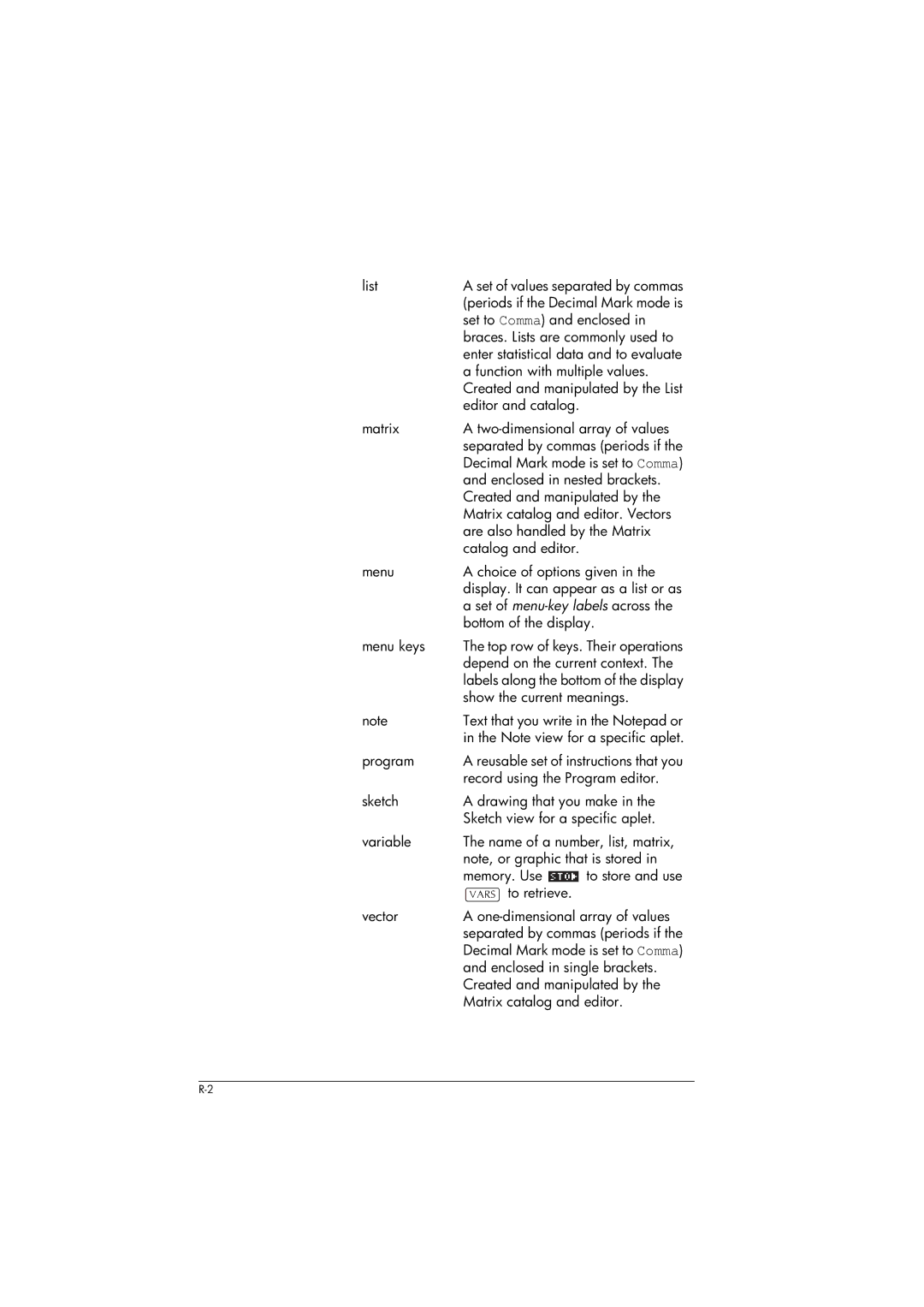 HP 39gs Graphing manual Set to Comma and enclosed, Function with multiple values, Enclosed in nested brackets, Menu keys 