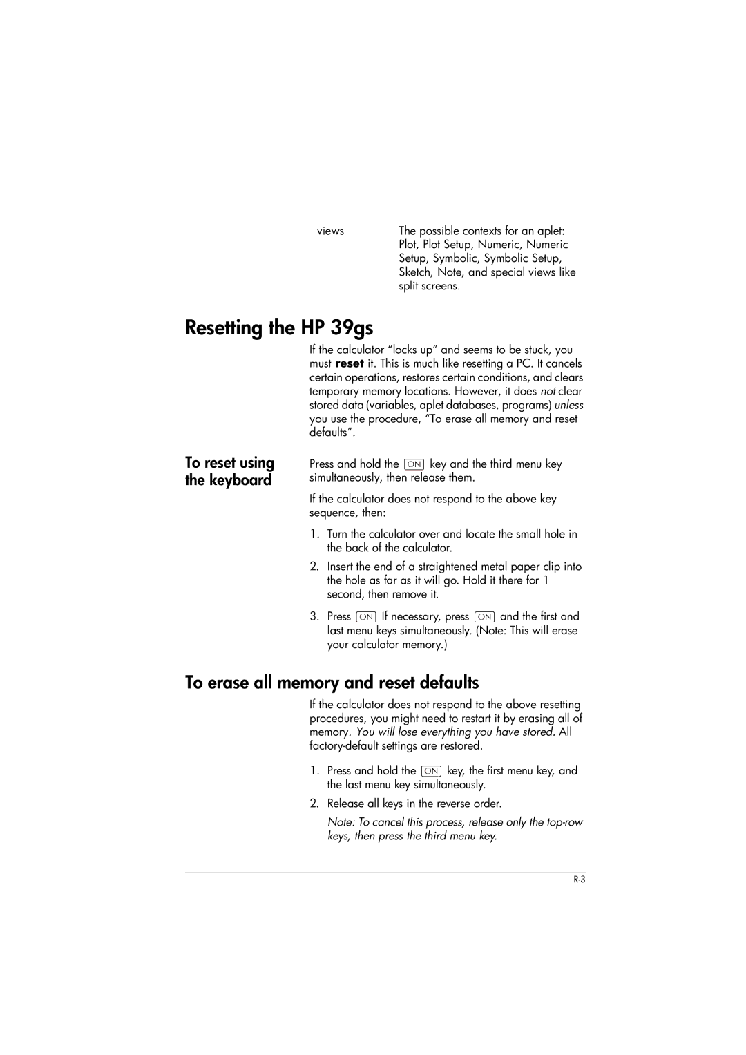 HP 39gs Graphing manual Resetting the HP 39gs, To erase all memory and reset defaults, To reset using the keyboard 