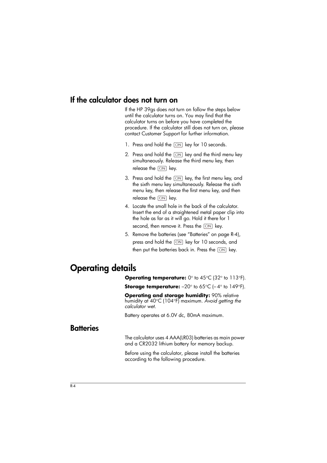 HP 39gs Graphing manual Operating details, If the calculator does not turn on, Batteries 