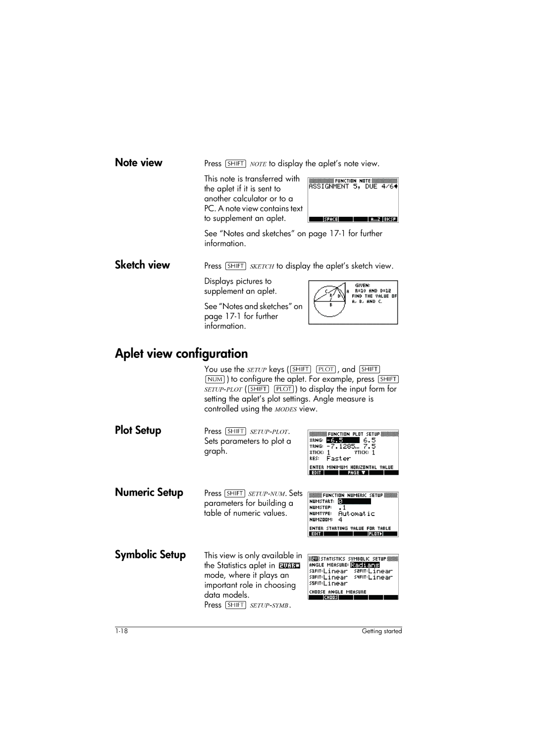 HP 39gs Graphing manual Aplet view configuration, Sketch view, Plot Setup Numeric Setup Symbolic Setup 