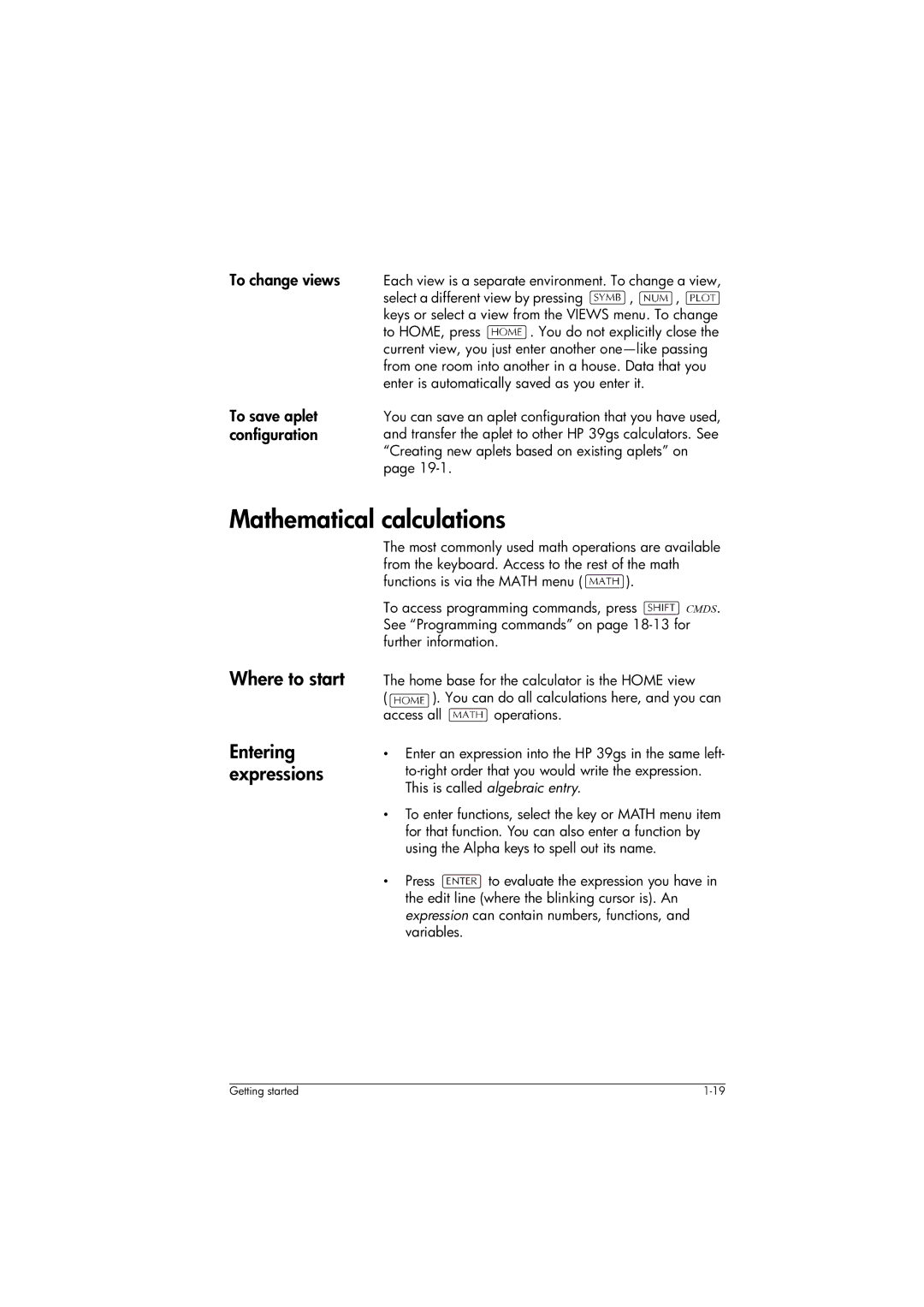 HP 39gs Graphing manual Mathematical calculations, Where to start, Entering expressions, To save aplet configuration 