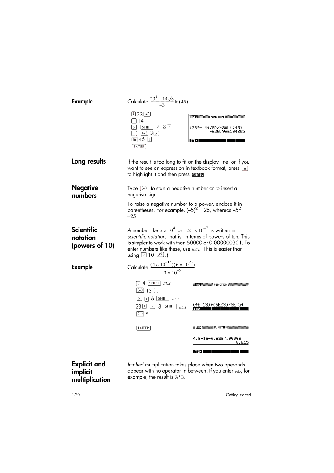 HP 39gs Graphing Long results Negative numbers Scientific notation powers, Explicit and implicit multiplication, Using 