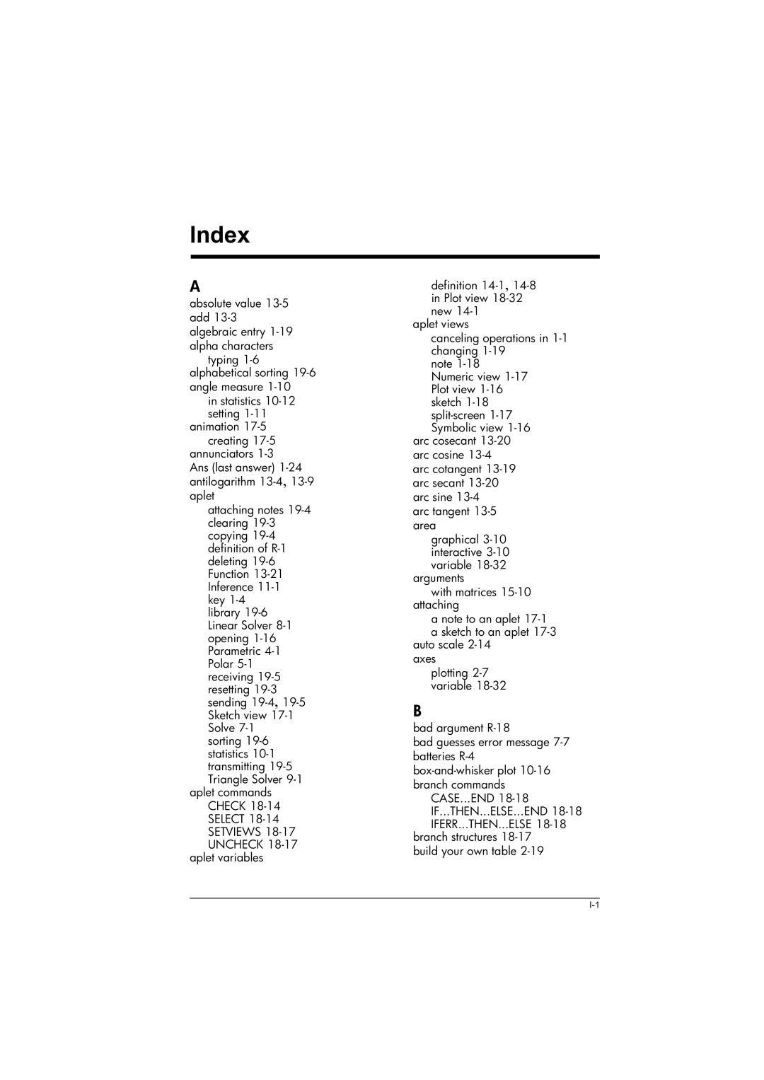 HP 39gs Graphing manual Index, Branch structures 18-17 build your own table 