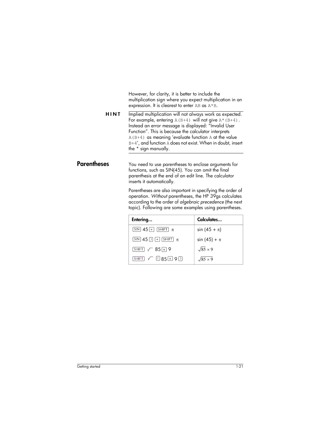 HP 39gs Graphing manual Parentheses, Entering Calculates Sin 45 + π 