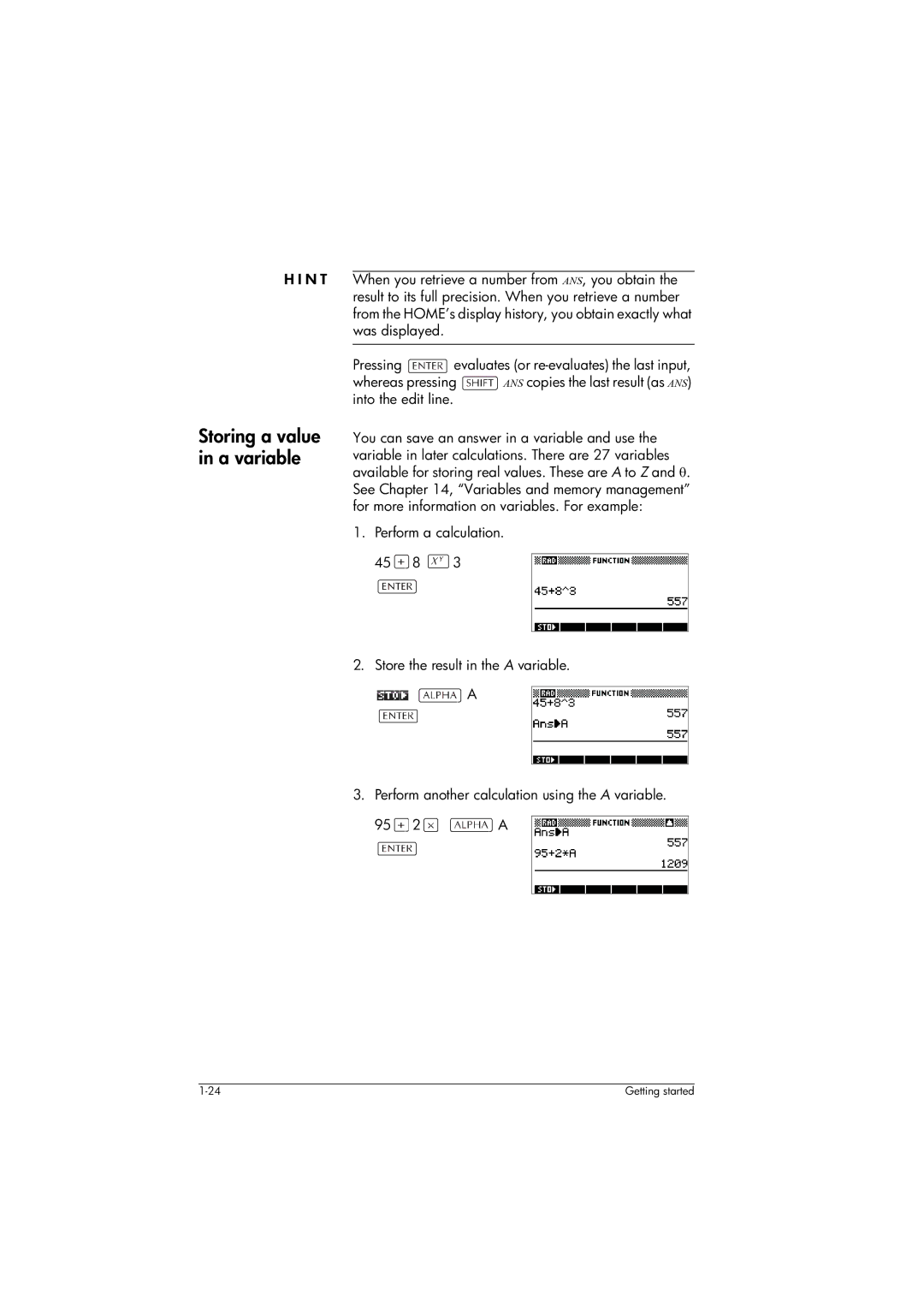 HP 39gs Graphing manual Storing a value in a variable 