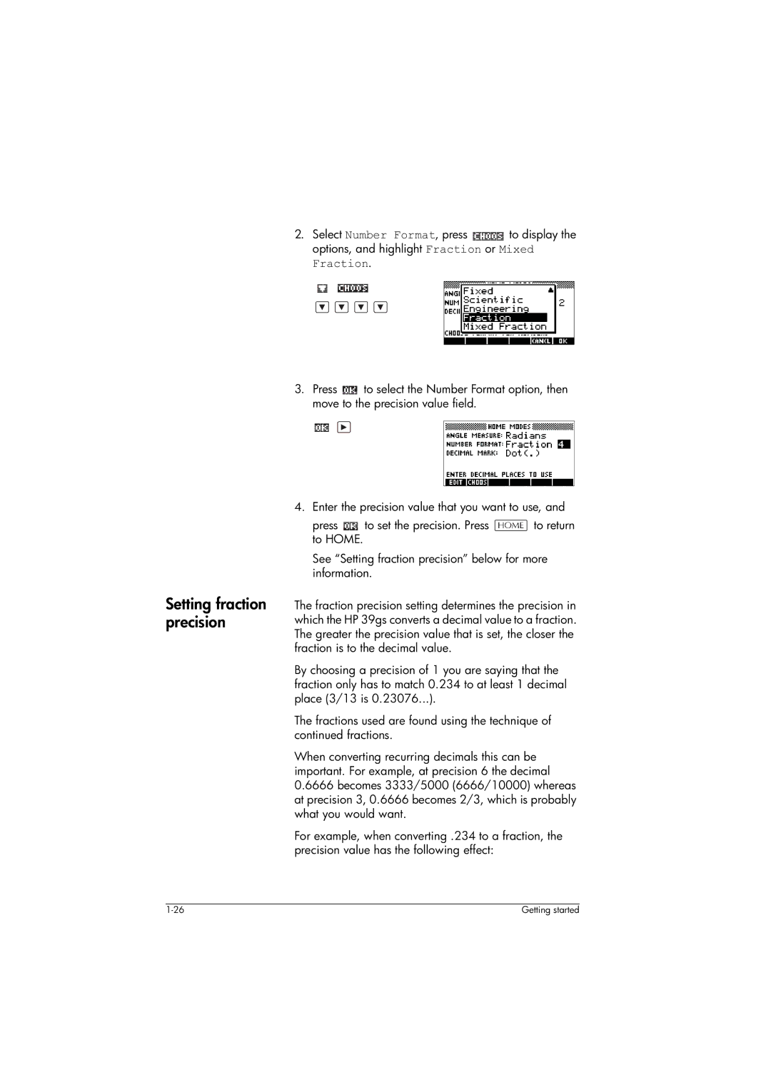 HP 39gs Graphing manual Setting fraction precision 