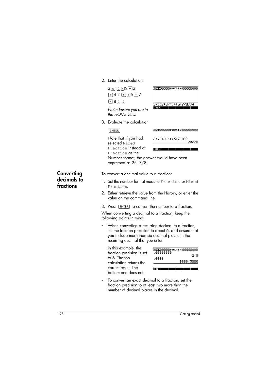 HP 39gs Graphing manual Converting decimals to fractions, Enter the calculation Evaluate the calculation, Fraction as 