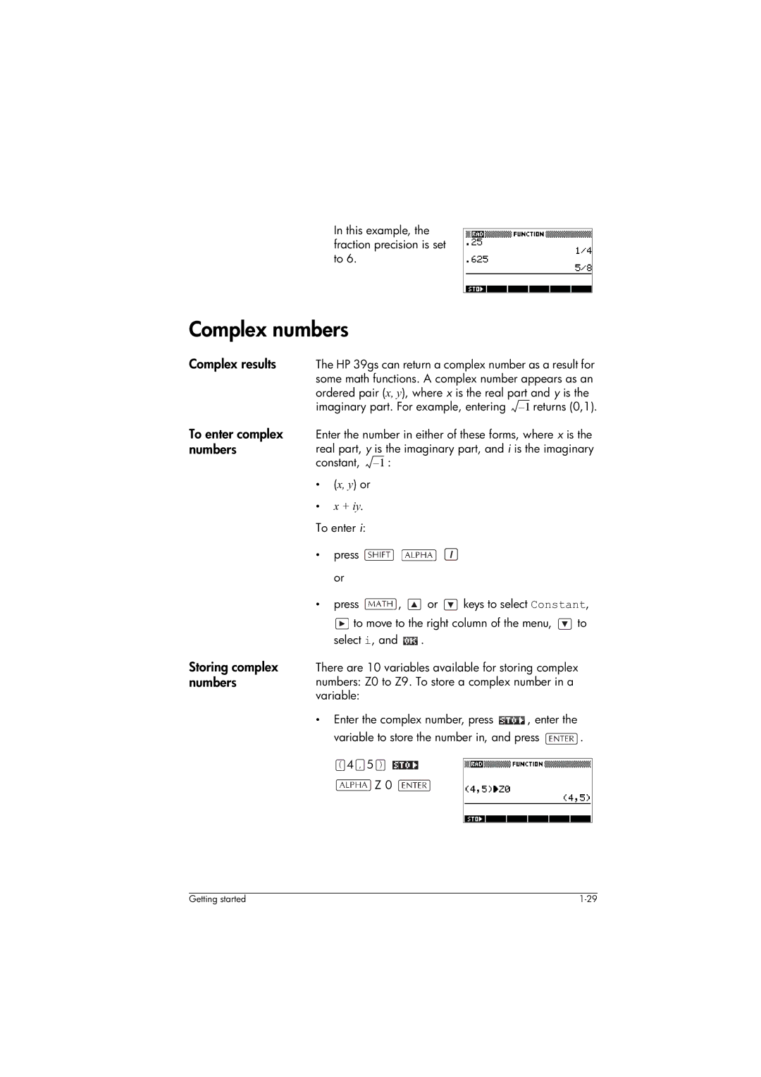 HP 39gs Graphing manual Complex numbers, This example, the fraction precision is set to 