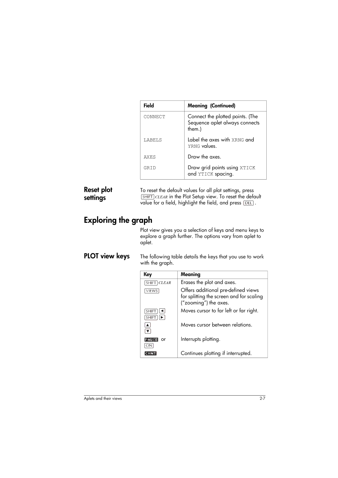 HP 39gs Graphing manual Exploring the graph, Reset plot settings 