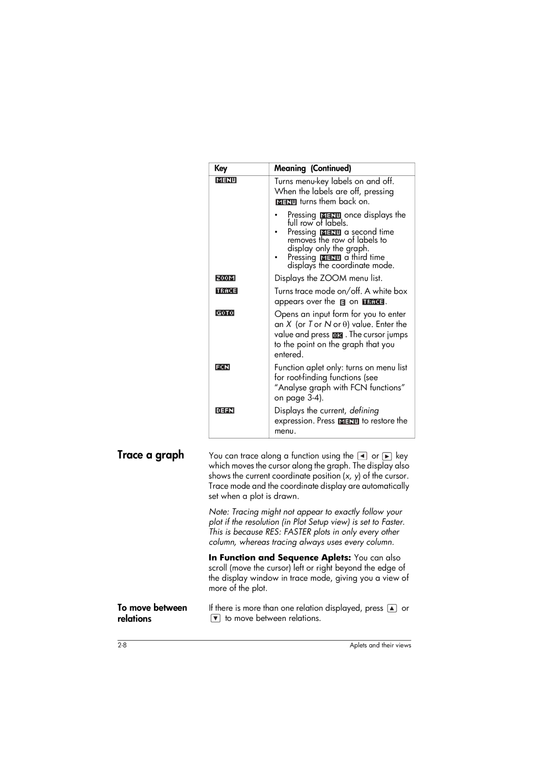 HP 39gs Graphing manual Trace a graph, To move between relations 