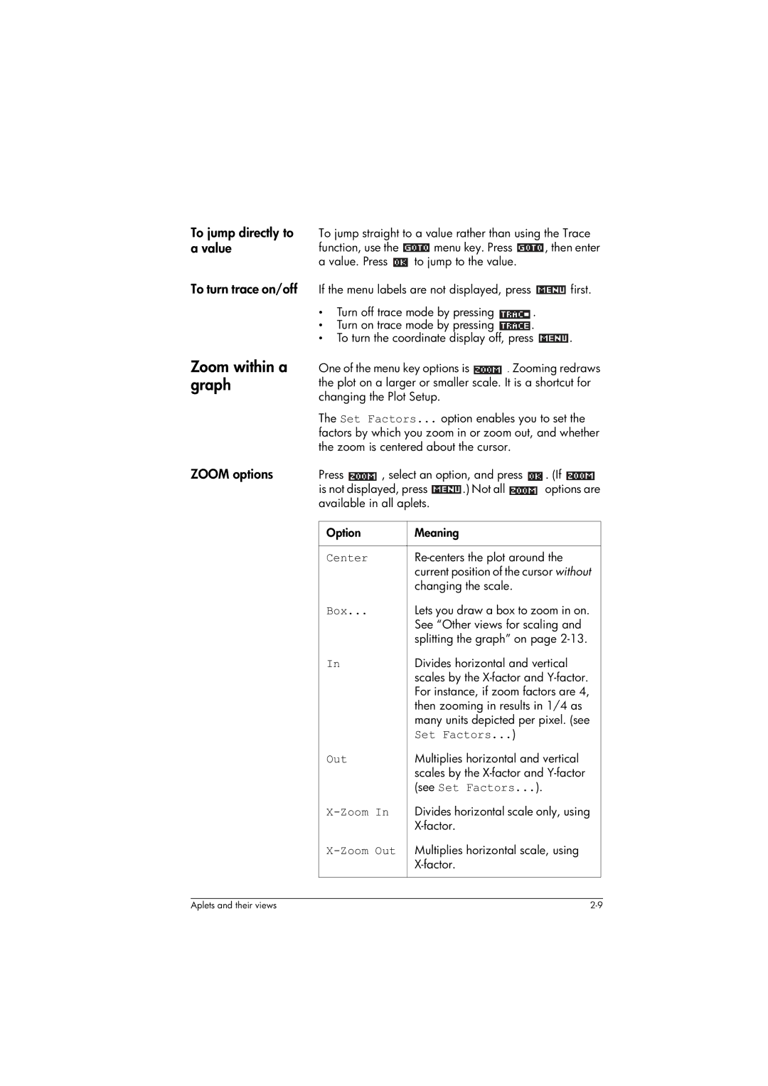 HP 39gs Graphing manual Zoom within a graph, To jump directly to a value To turn trace on/off, Zoom options 