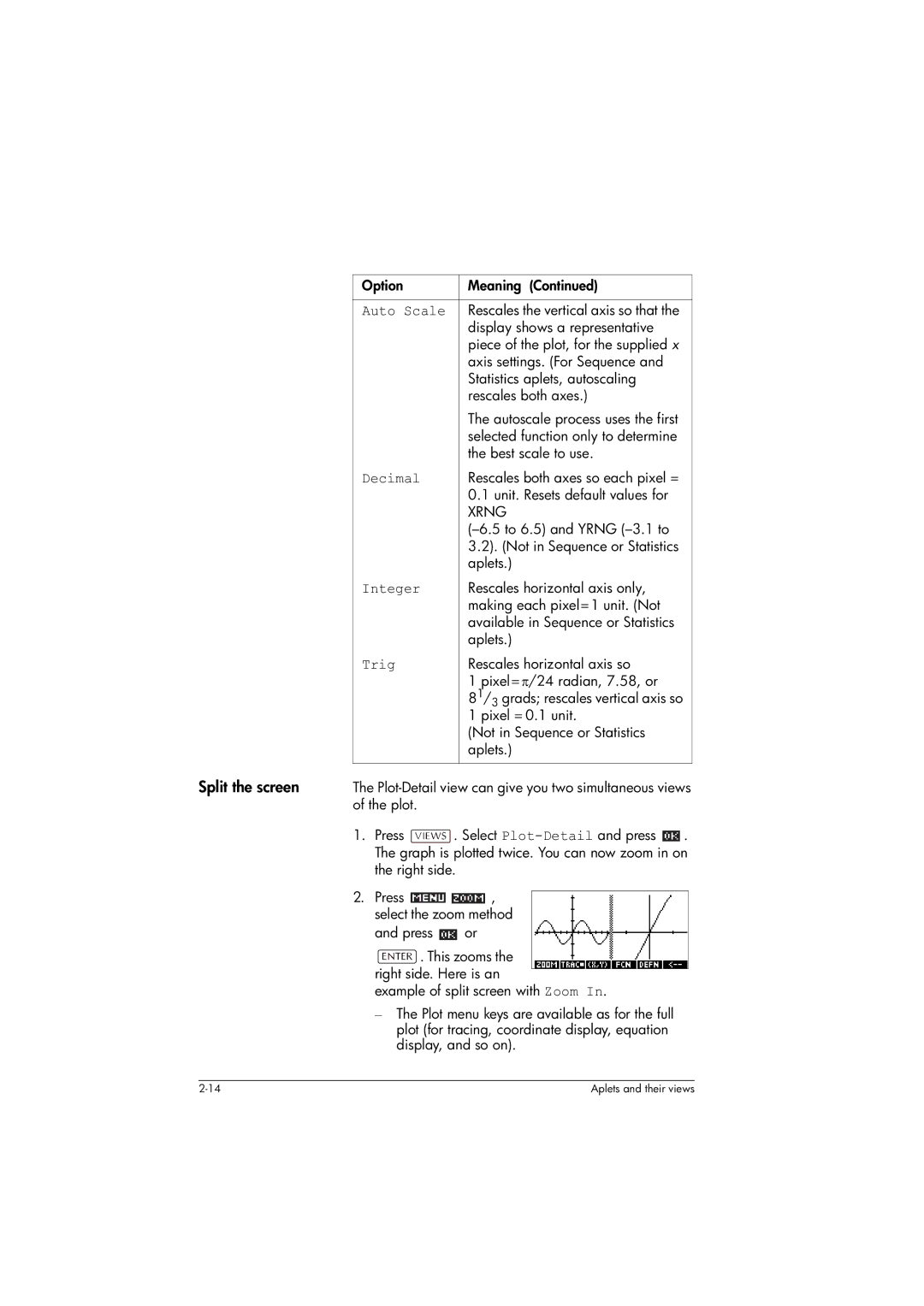 HP 39gs Graphing manual Split the screen, Unit. Resets default values for, Making each pixel=1 unit. Not, Press or 