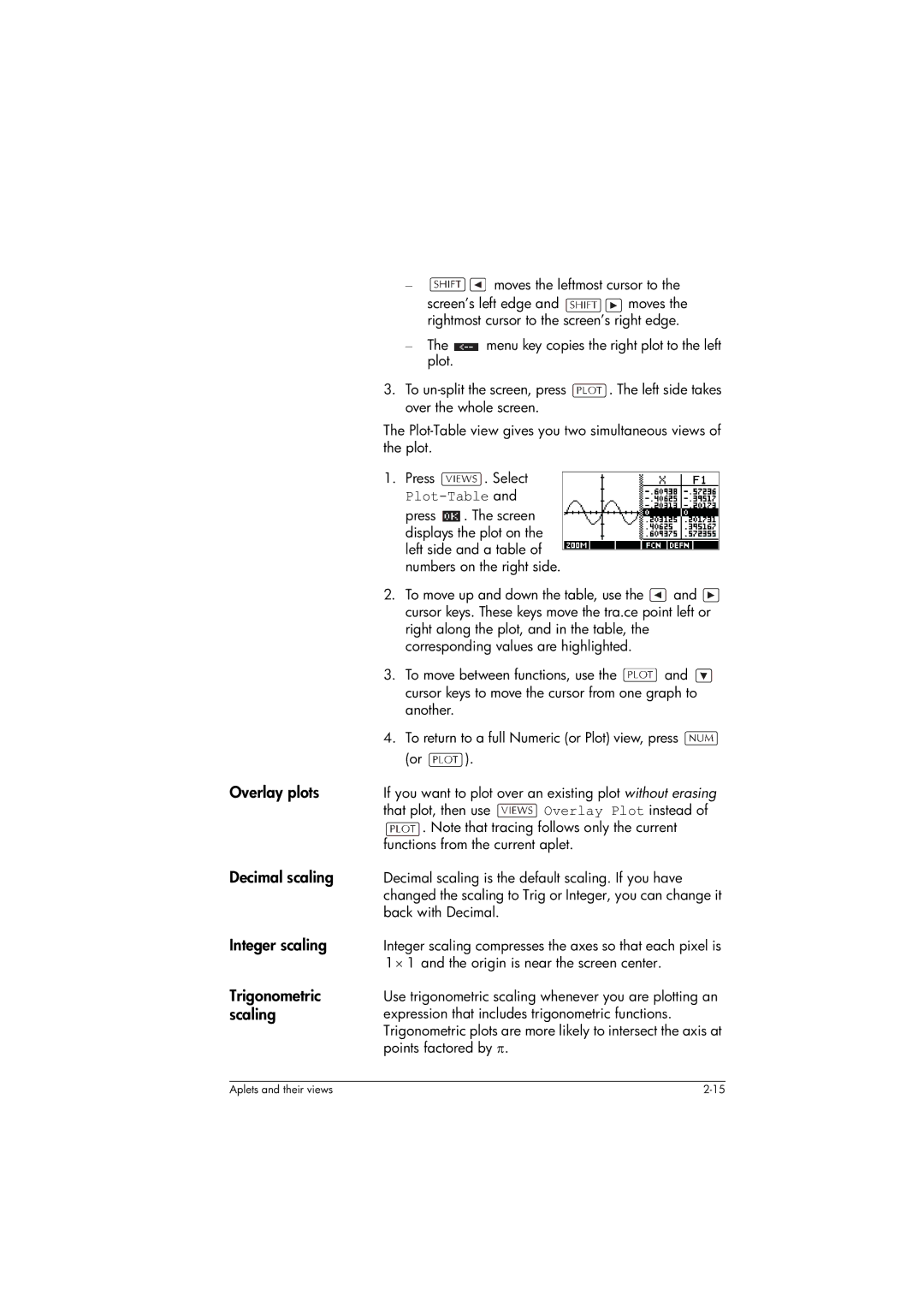 HP 39gs Graphing manual Overlay plots, Decimal scaling, Integer scaling, Trigonometric, Scaling 