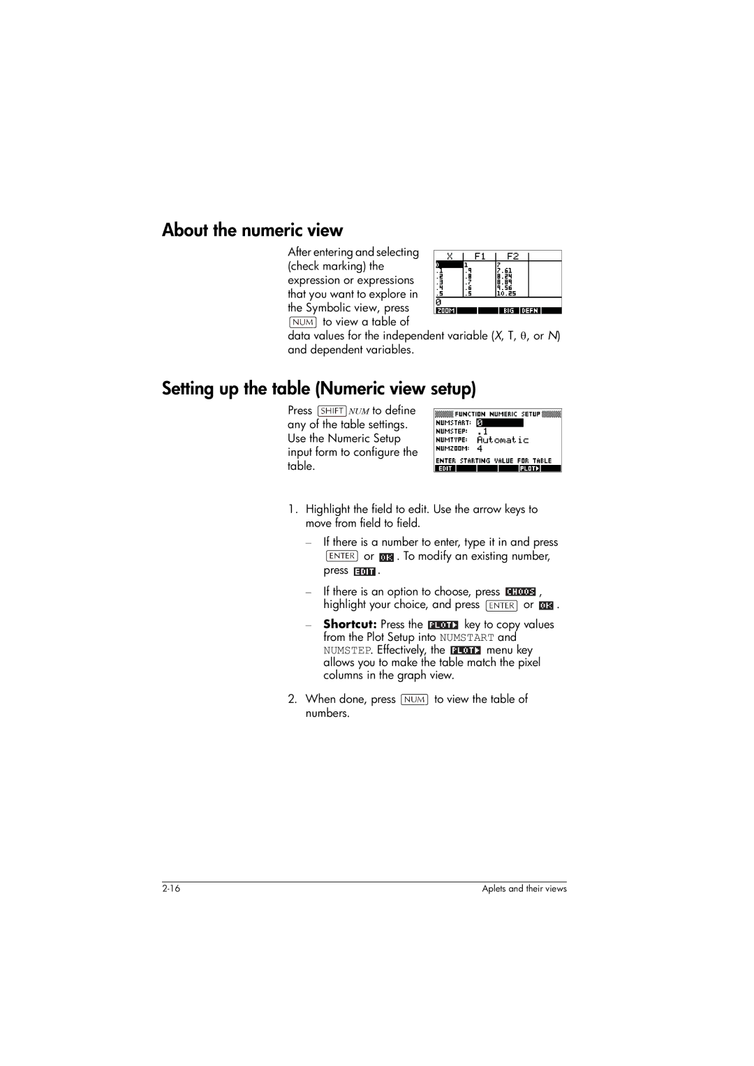 HP 39gs Graphing manual About the numeric view, Setting up the table Numeric view setup 