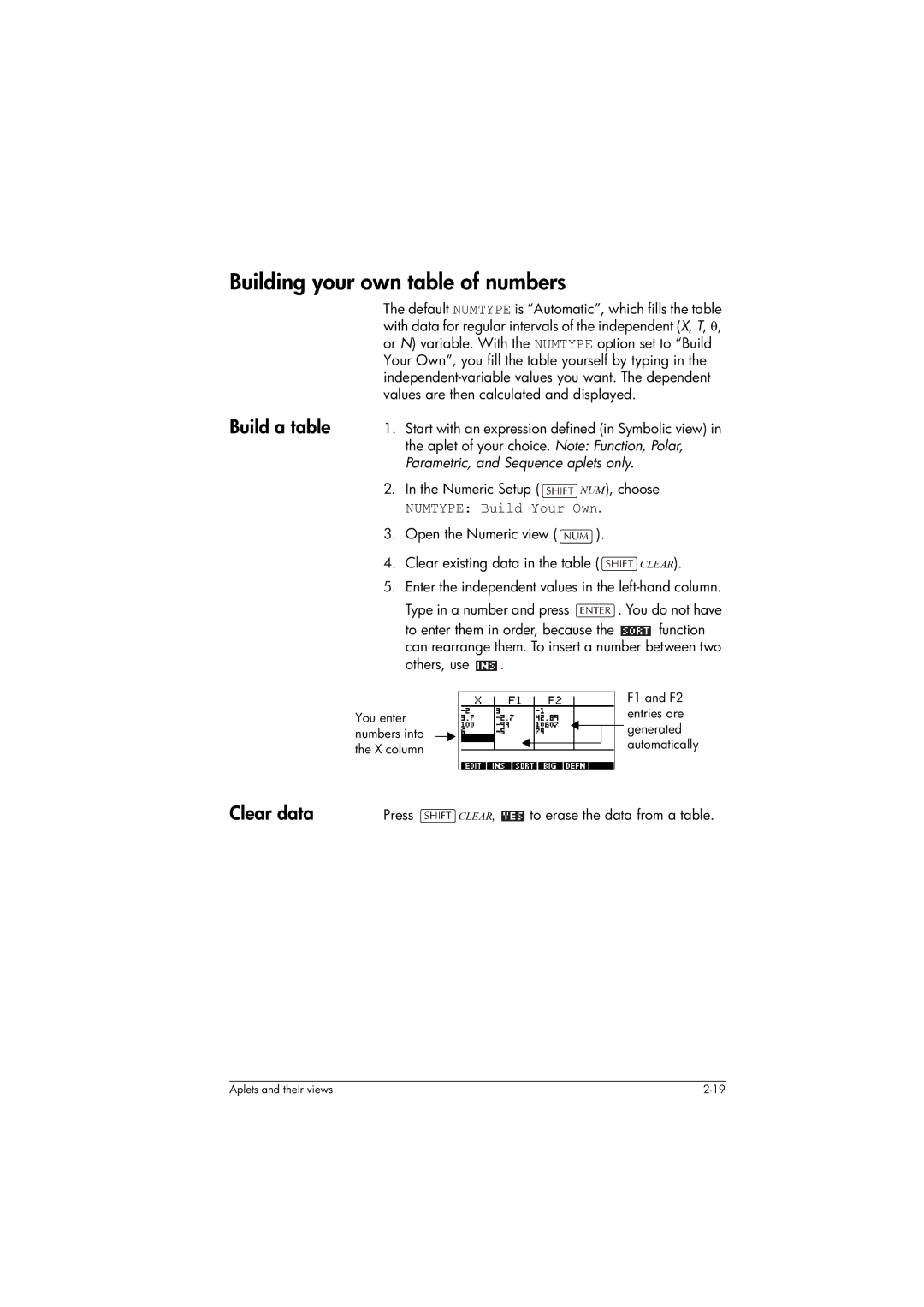 HP 39gs Graphing manual Building your own table of numbers, Build a table, Clear data, Numtype Build Your Own 