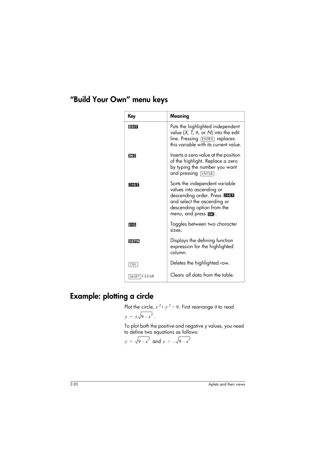 HP 39gs Graphing manual Build Your Own menu keys, Example plotting a circle 