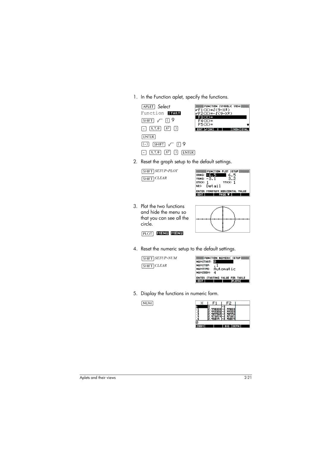 HP 39gs Graphing manual Function aplet, specify the functions, Reset the graph setup to the default settings 