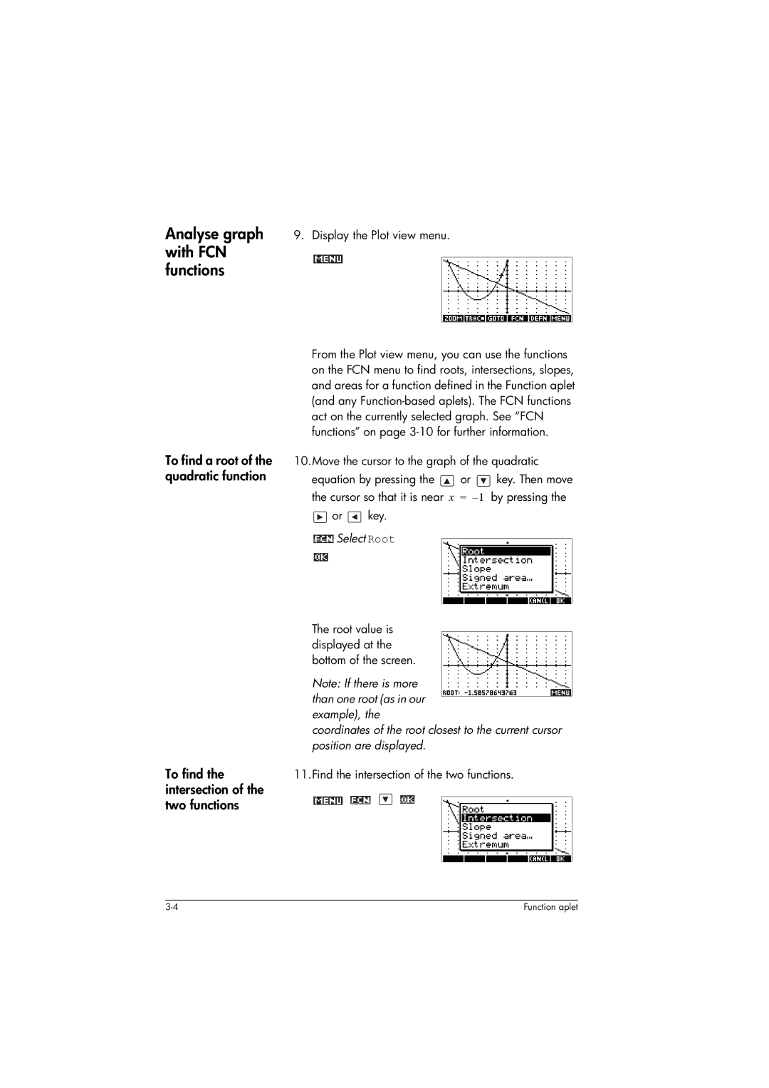 HP 39gs Graphing manual Analyse graph with FCN functions, Select Root 