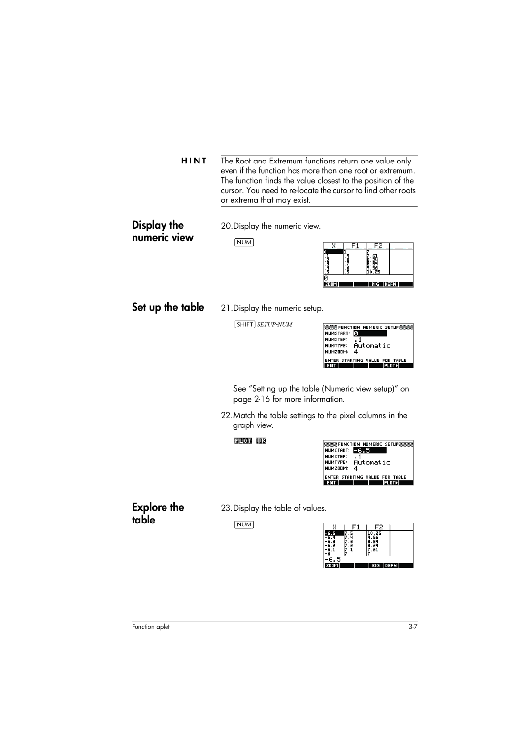 HP 39gs Graphing manual Display the numeric view, Explore the table, Display the table of values 