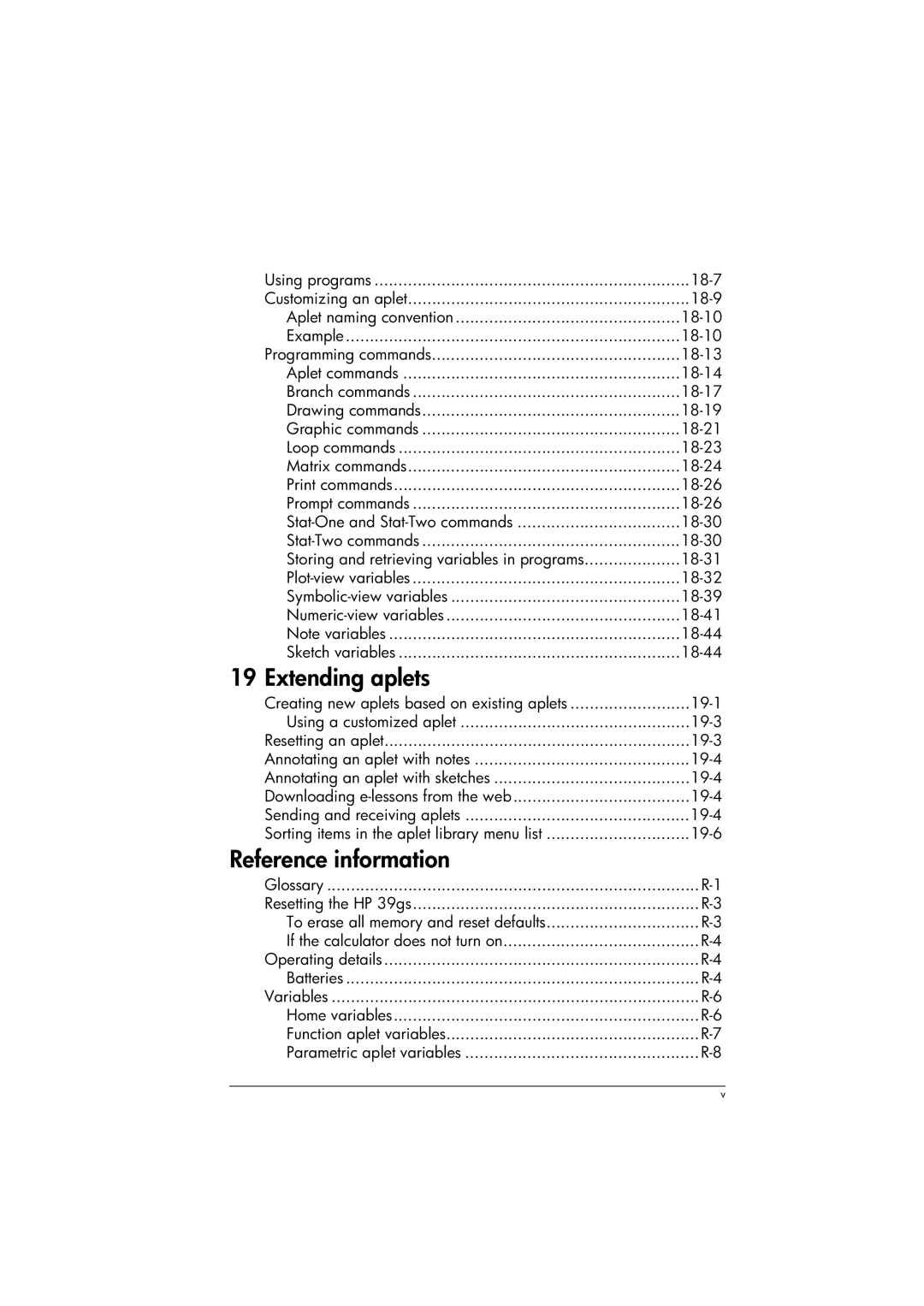 HP 39gs Graphing manual 18-7, 18-9, 18-30, 19-1, 19-3, Sending and receiving aplets 19-4, 19-6 