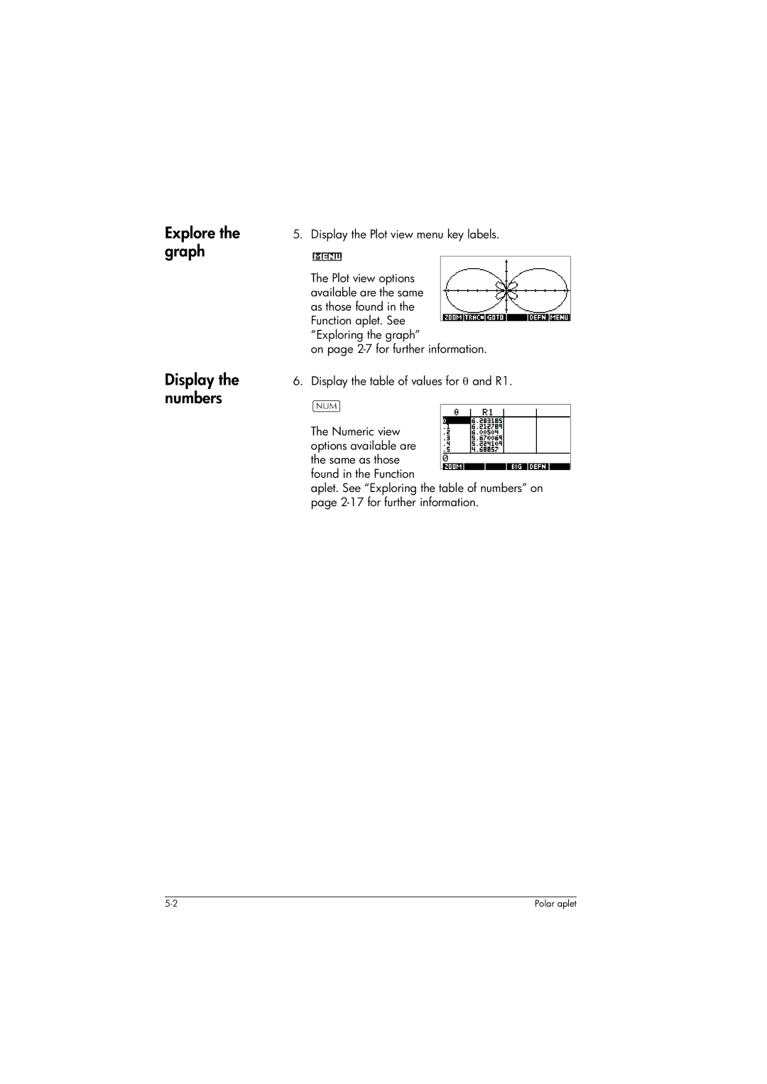 HP 39gs Graphing manual Explore the graph Display the numbers, Display the Plot view menu key labels 