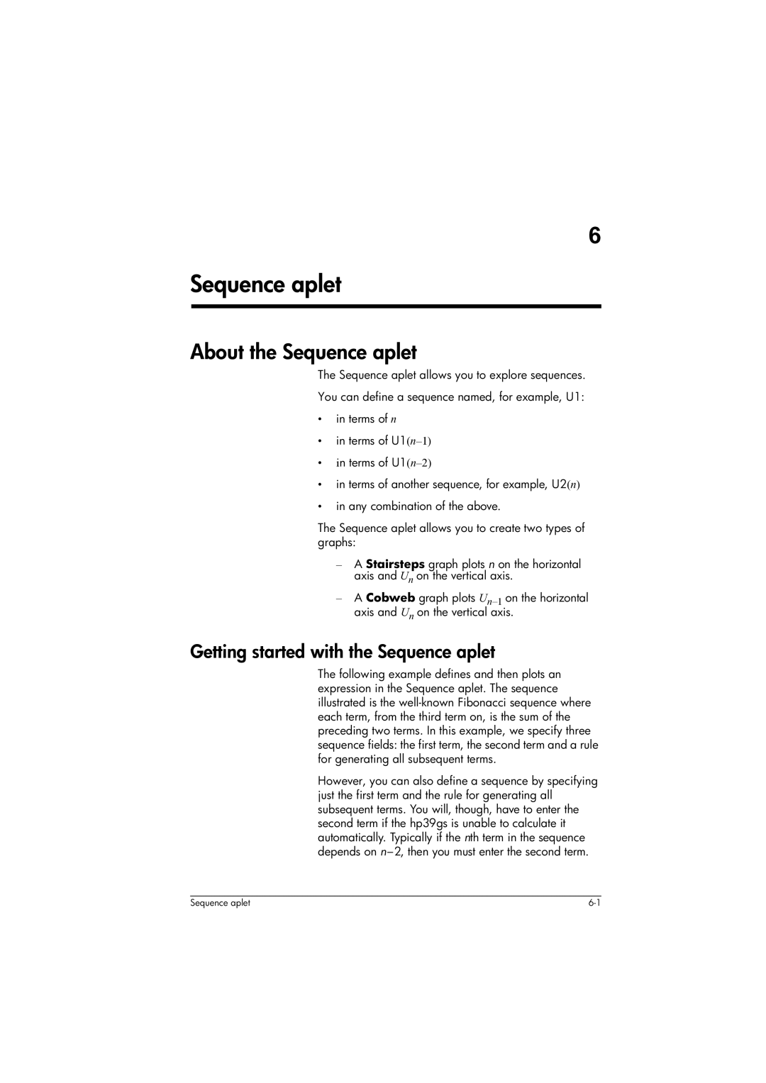 HP 39gs Graphing manual About the Sequence aplet, Getting started with the Sequence aplet 