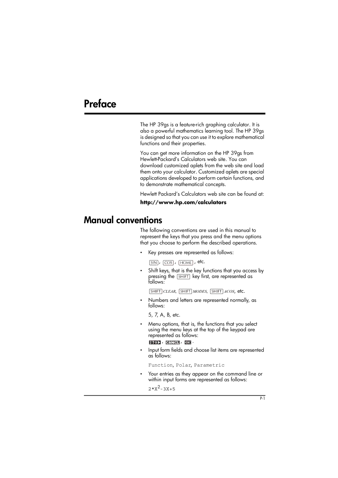 HP 39gs Graphing manual Preface, Manual conventions, Hewlett Packard’s Calculators web site can be found at, X2-3X+5 