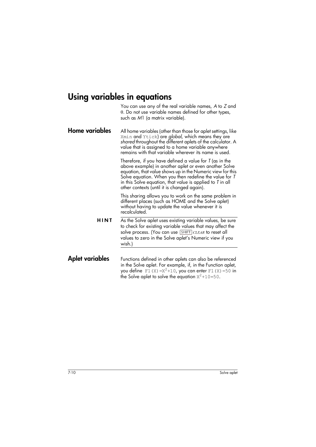 HP 39gs Graphing manual Using variables in equations 