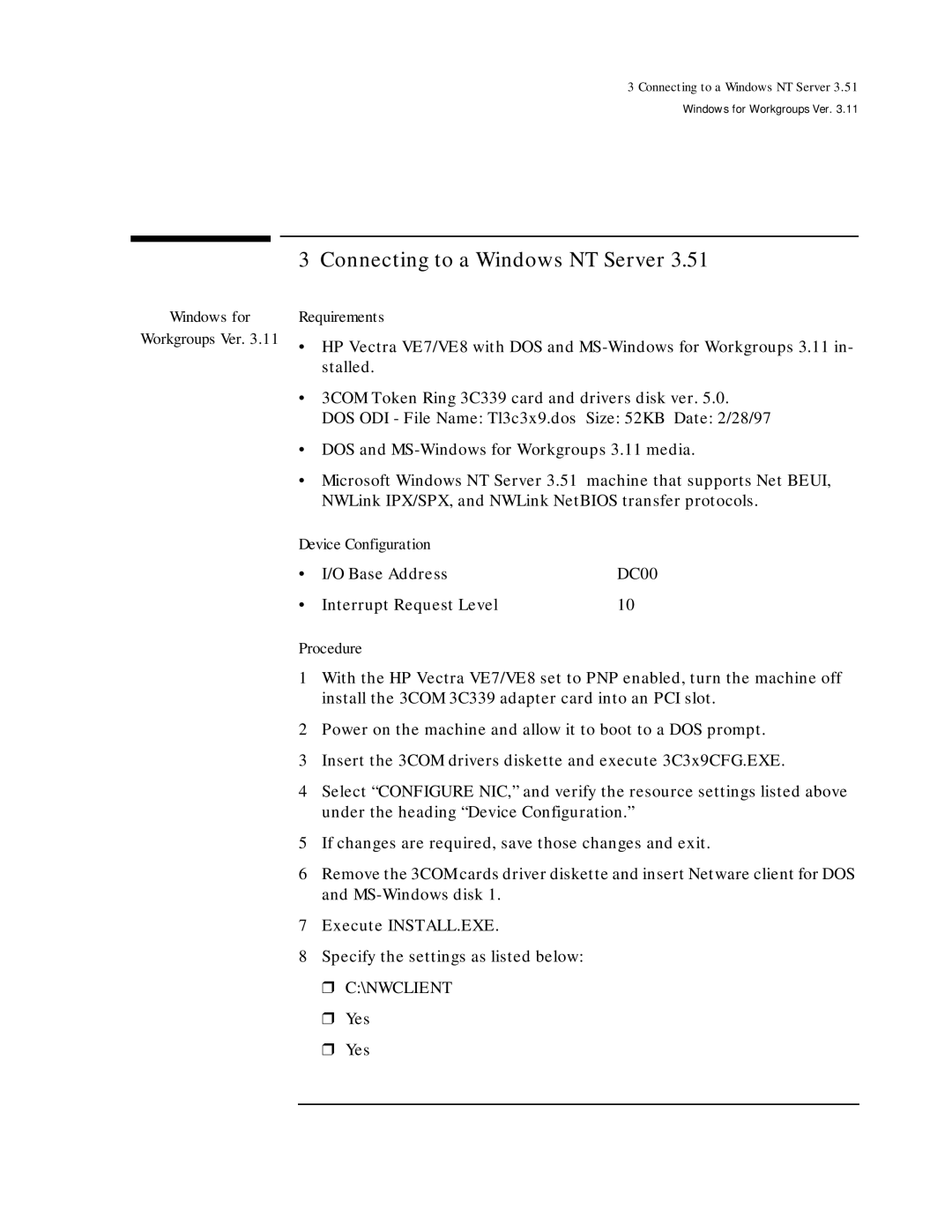 HP 3C339 manual Connecting to a Windows NT Server 