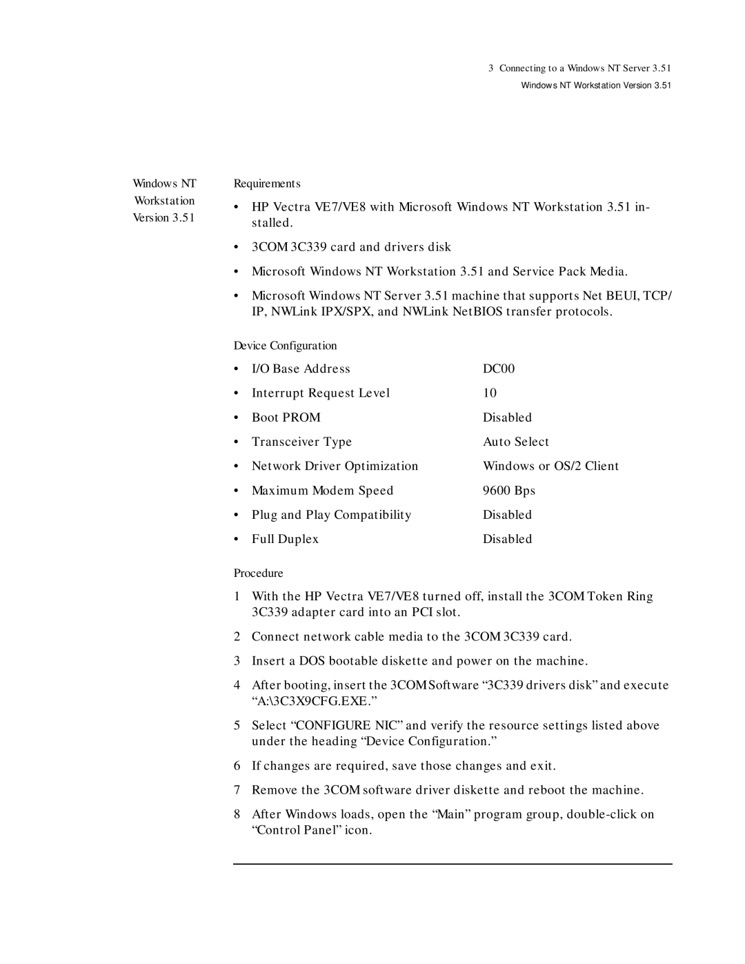 HP 3C339 manual Windows NT Workstation Version Requirements 