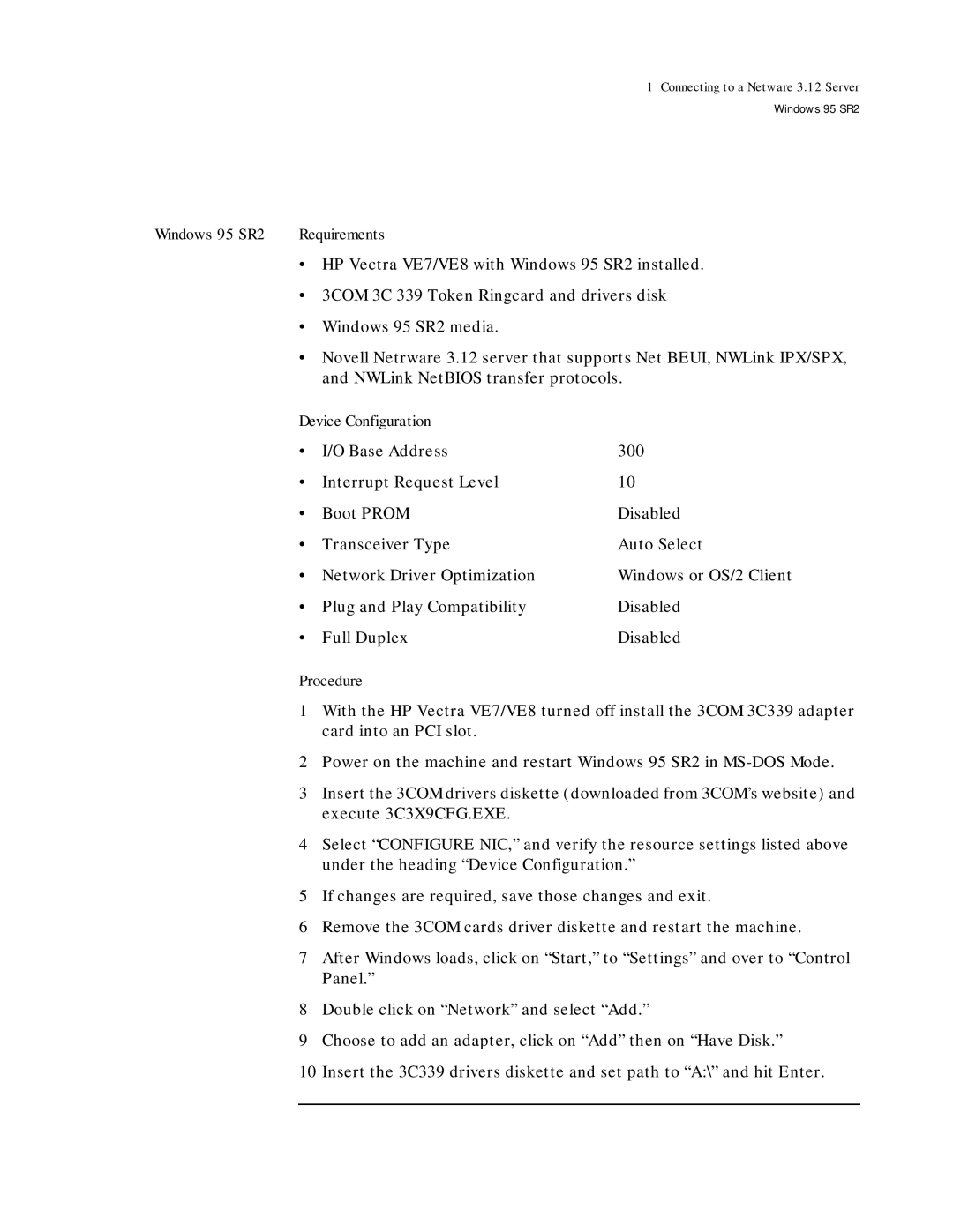 HP 3C339 manual Windows 95 SR2 Requirements 