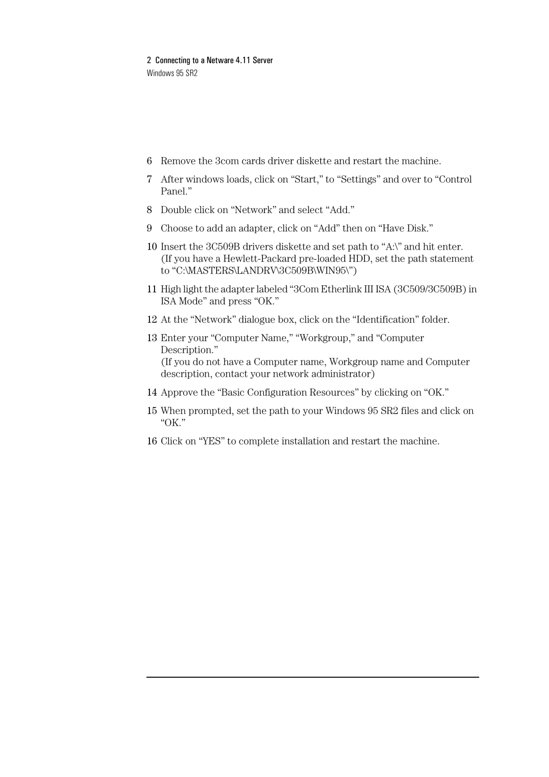 HP 3C509B-TP manual Connecting to a Netware 4.11 Server Windows 95 SR2 