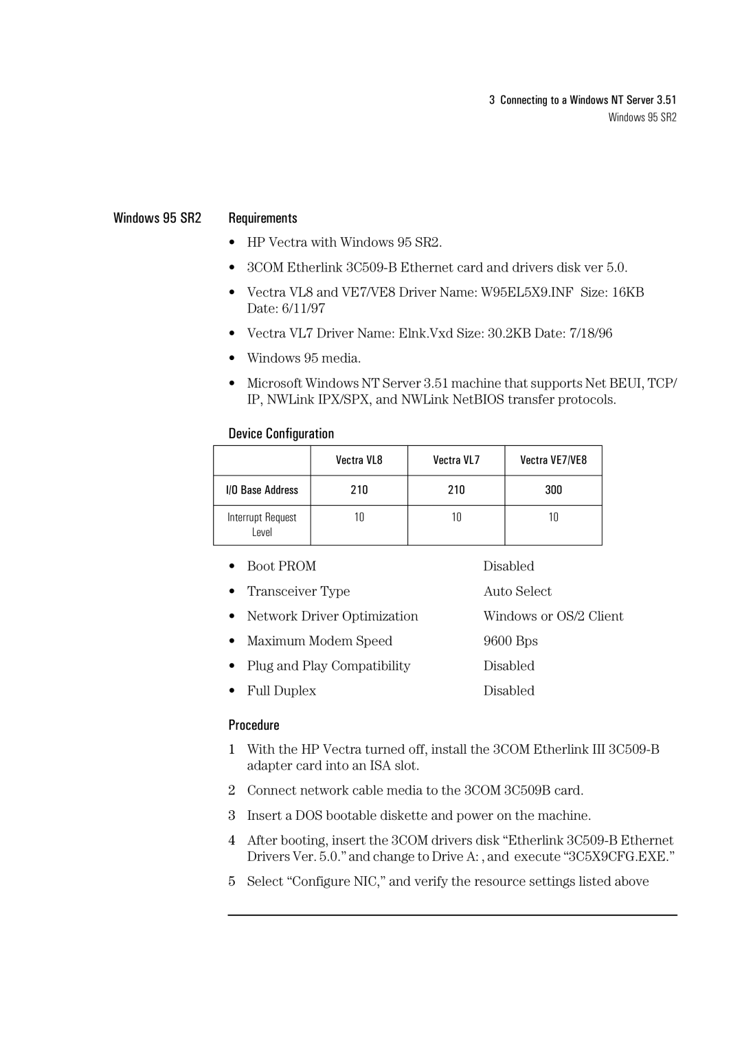 HP 3C509B-TP manual HP Vectra with Windows 95 SR2 