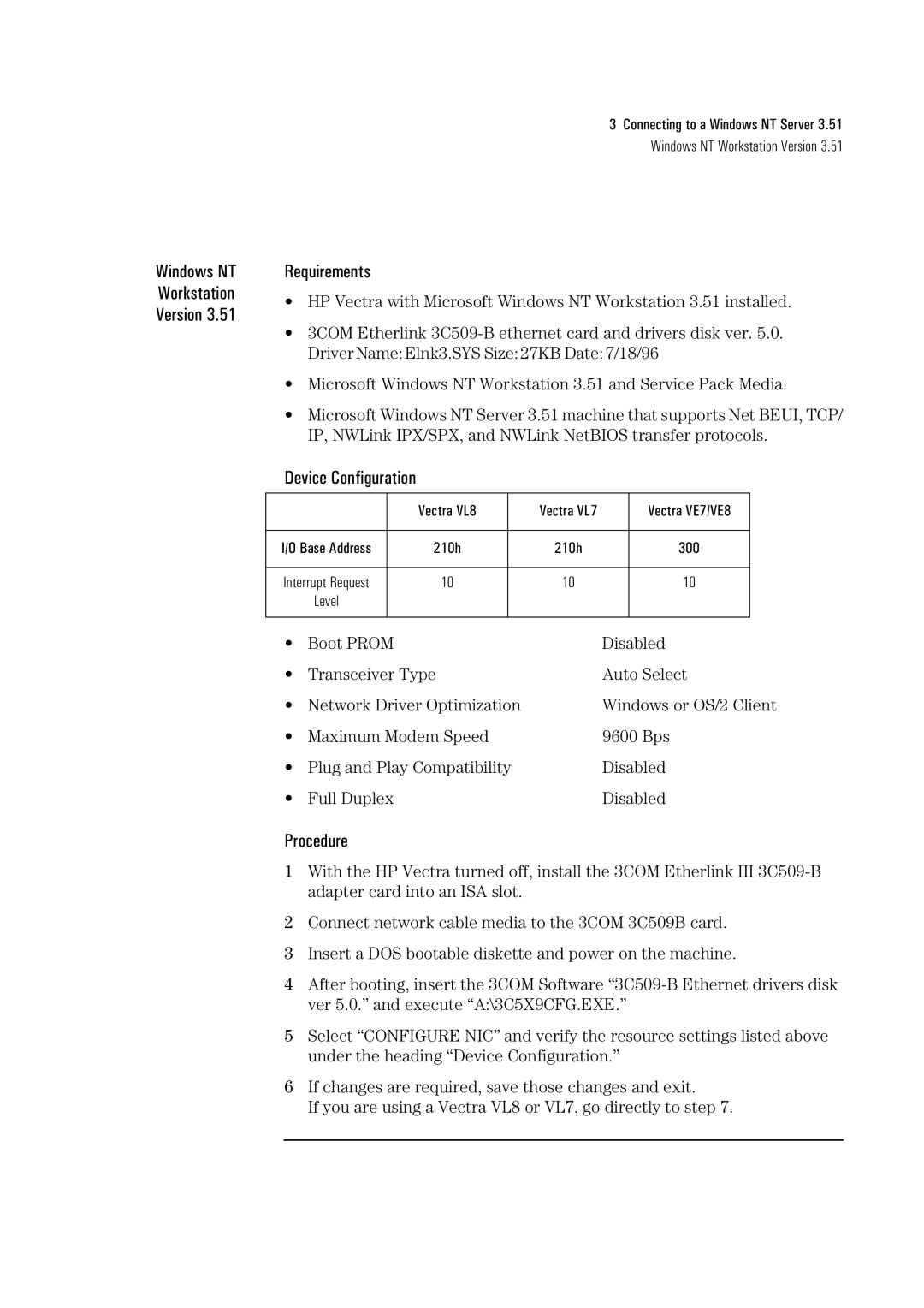 HP 3C509B-TP manual Windows NT Workstation Version Requirements 