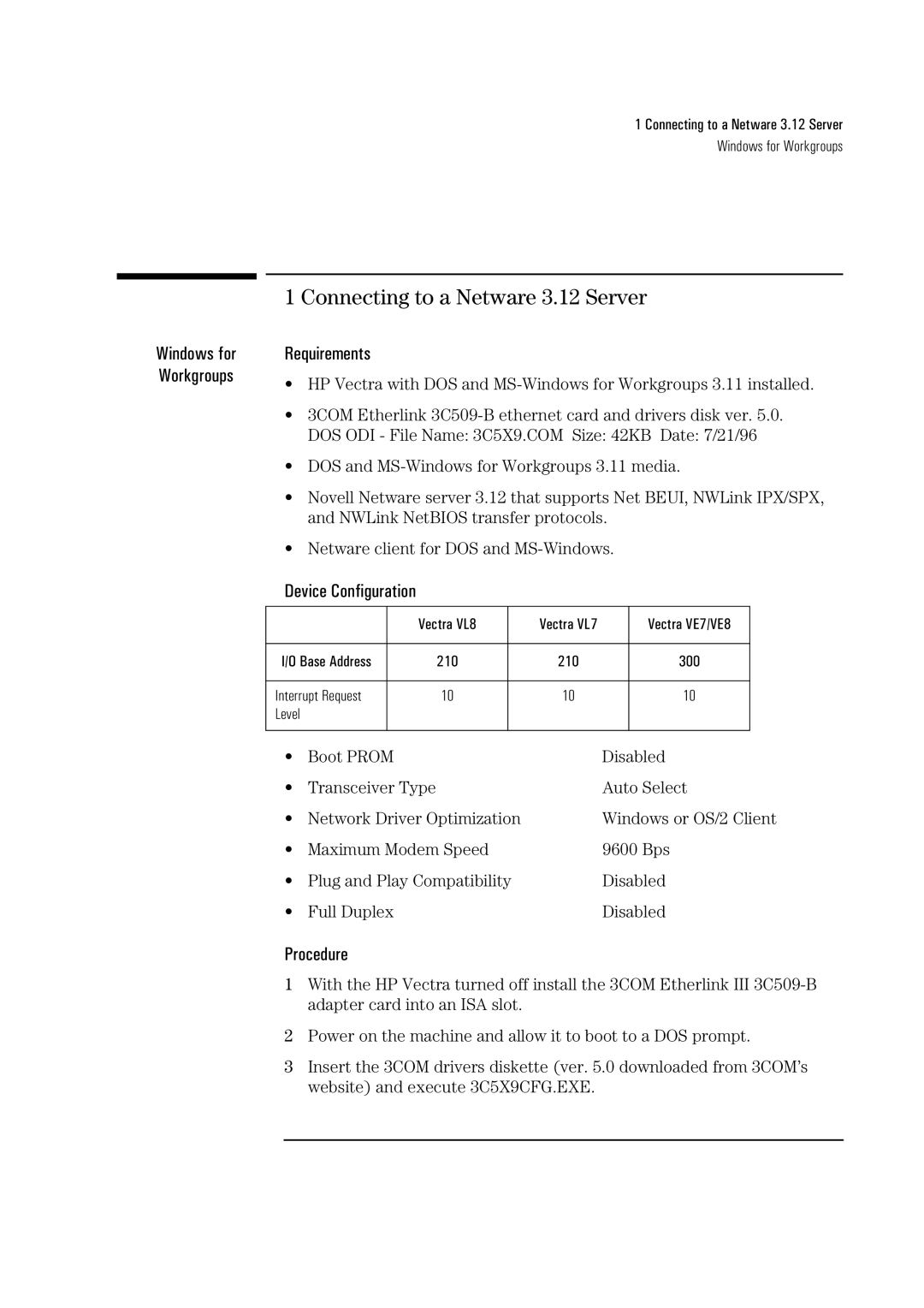 HP 3C509B-TP manual Connecting to a Netware 3.12 Server 