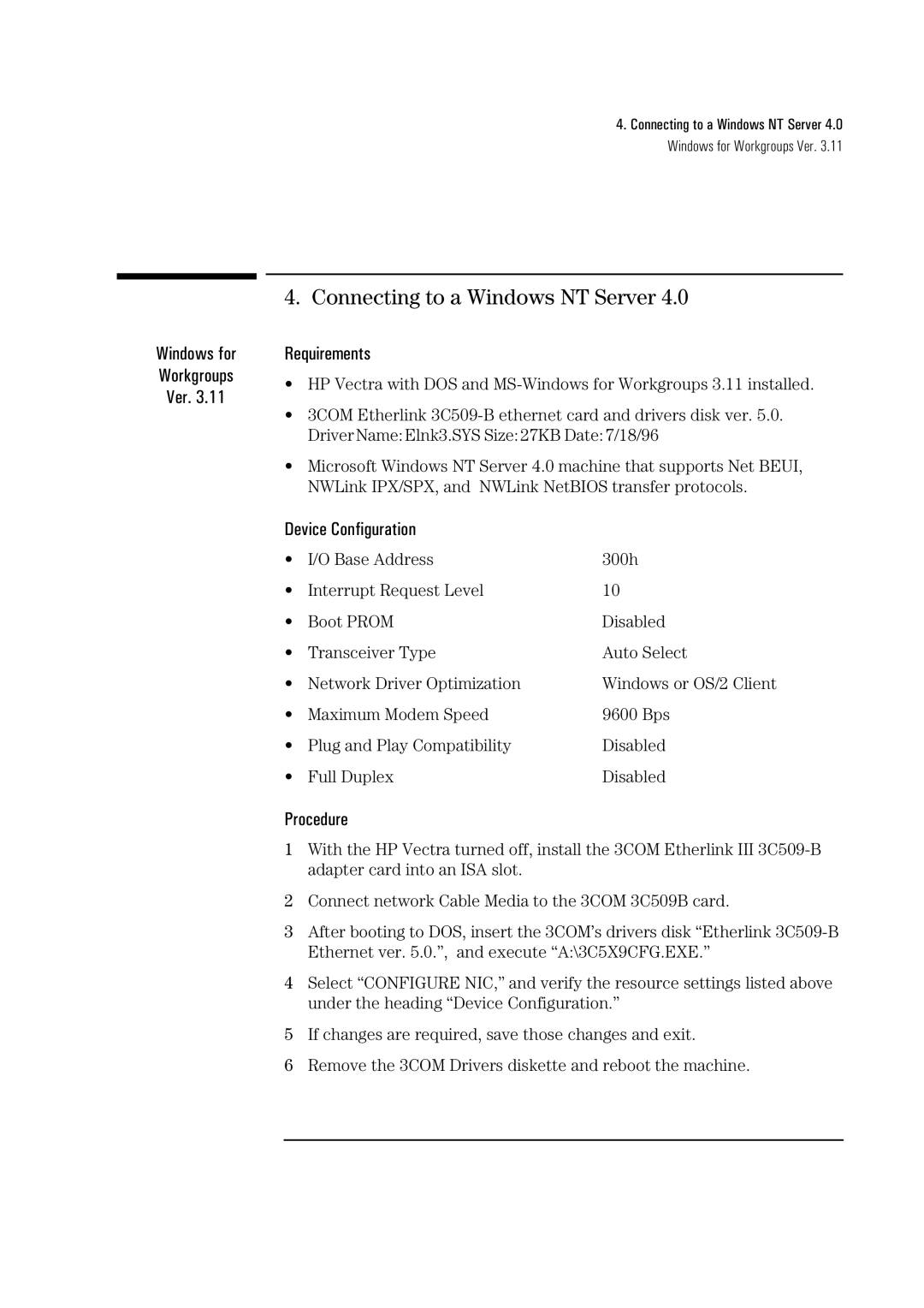 HP 3C509B-TP manual Windows for Workgroups Ver 