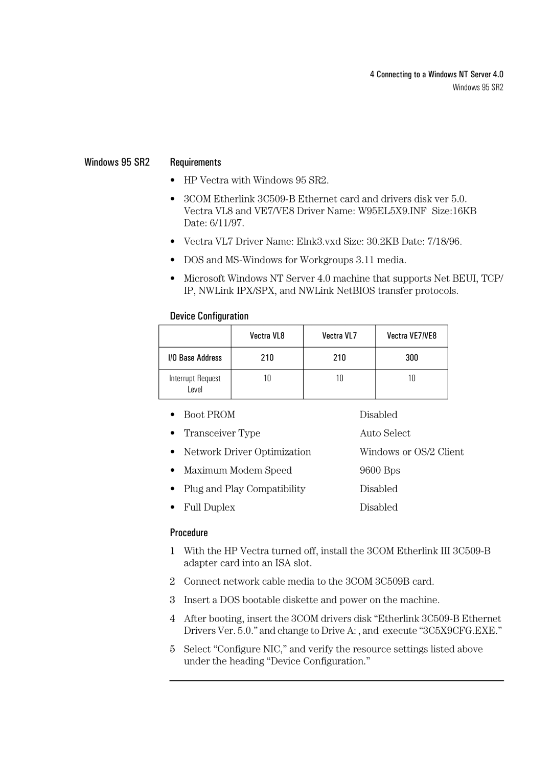 HP 3C509B-TP manual Vectra VL7 Driver Name Elnk3.vxd Size 30.2KB Date 7/18/96 