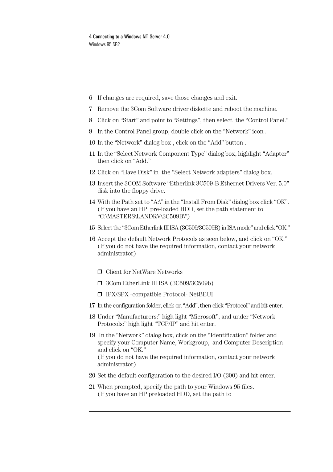 HP 3C509B-TP manual Connecting to a Windows NT Server Windows 95 SR2 