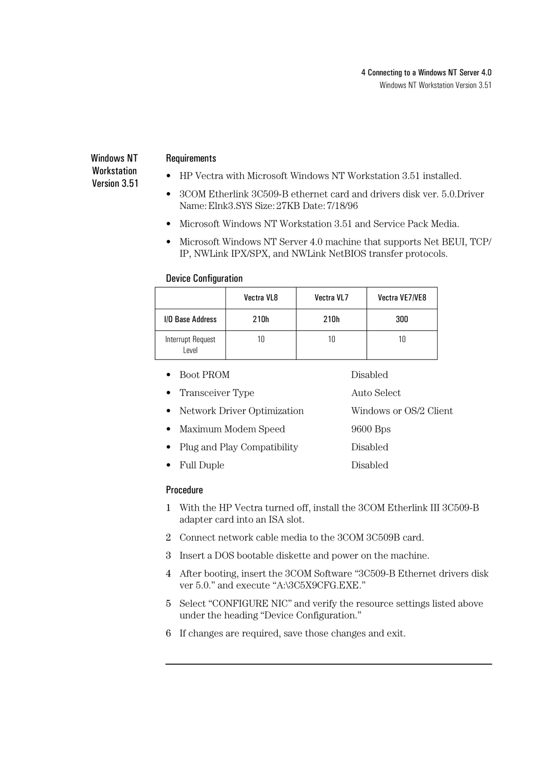 HP 3C509B-TP manual Windows NT Workstation Version Requirements 