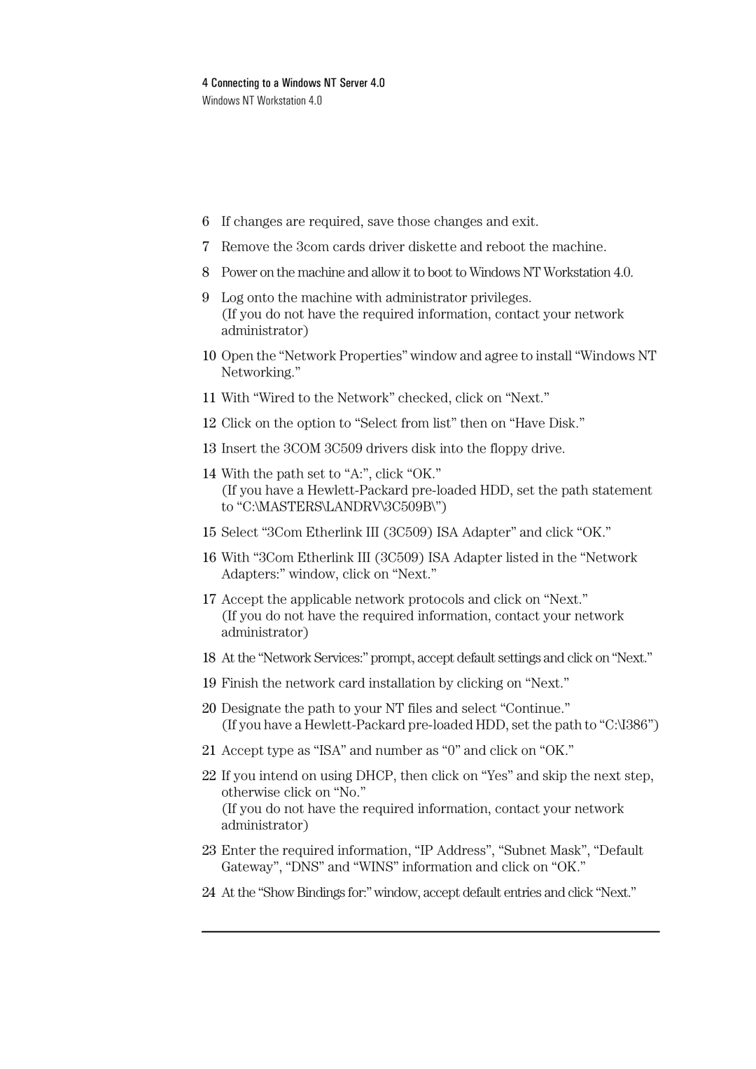 HP 3C509B-TP manual Connecting to a Windows NT Server Windows NT Workstation 