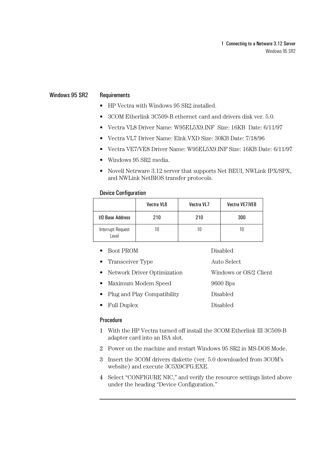 HP 3C509B-TP manual Windows 95 SR2 Requirements 