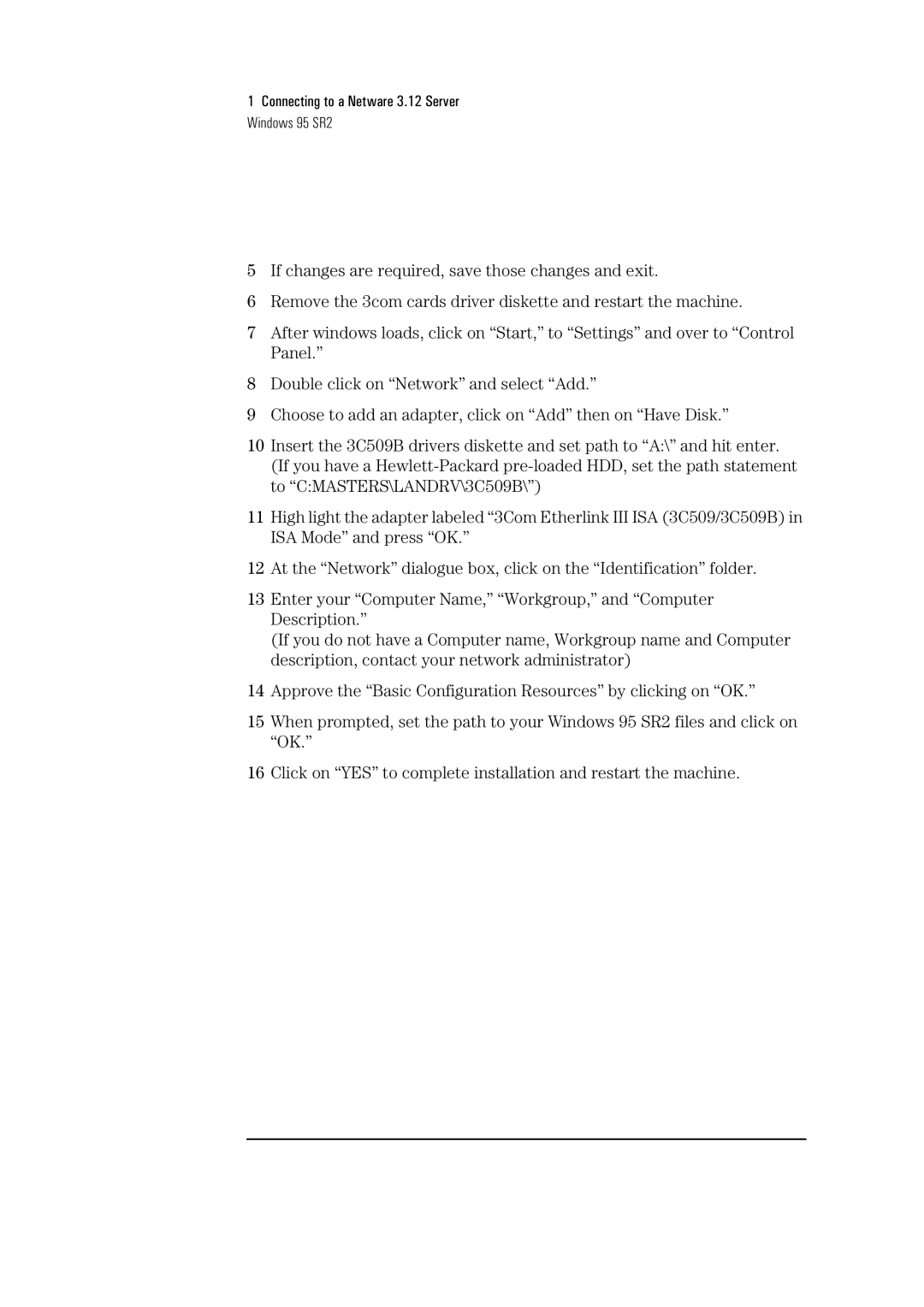 HP 3C509B-TP manual Connecting to a Netware 3.12 Server Windows 95 SR2 