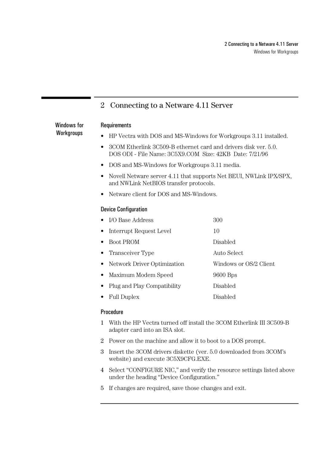 HP 3C509B-TP manual Connecting to a Netware 4.11 Server 