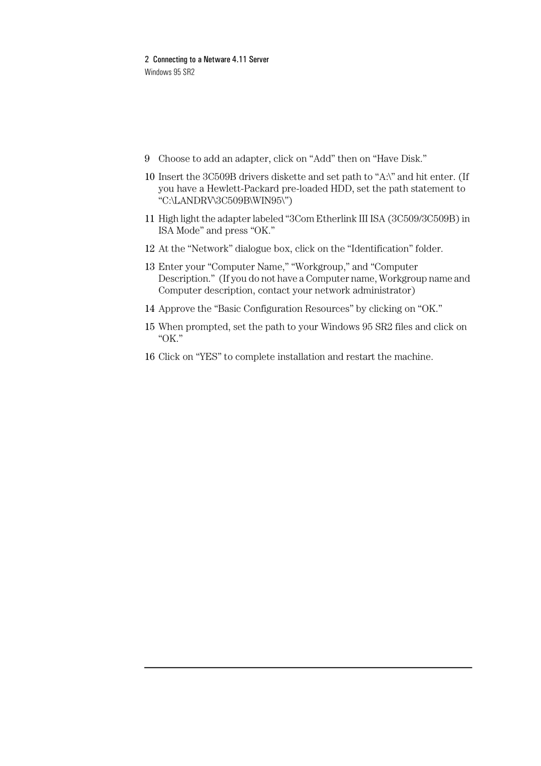 HP 3C590-TPO manual Connecting to a Netware 4.11 Server Windows 95 SR2 