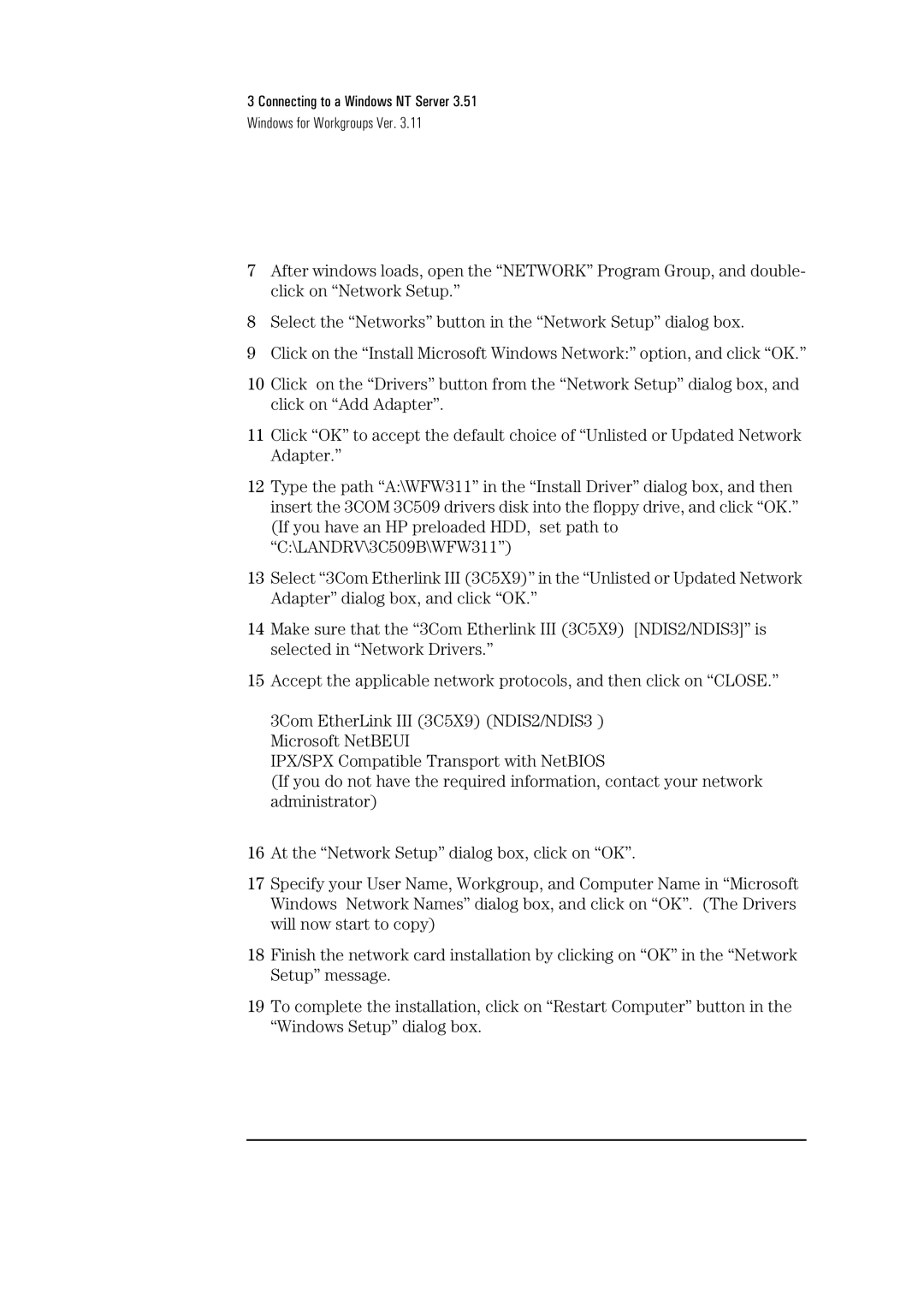 HP 3C590-TPO manual Connecting to a Windows NT Server Windows for Workgroups Ver 