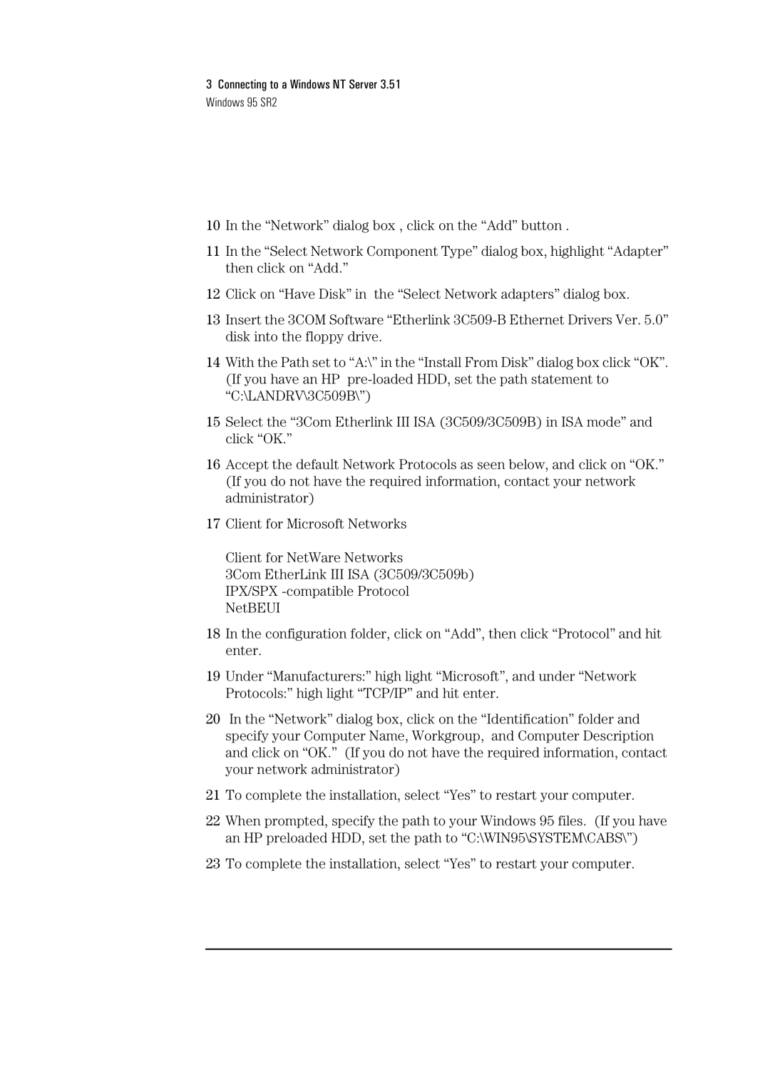 HP 3C590-TPO manual Connecting to a Windows NT Server 3.51 Windows 95 SR2 