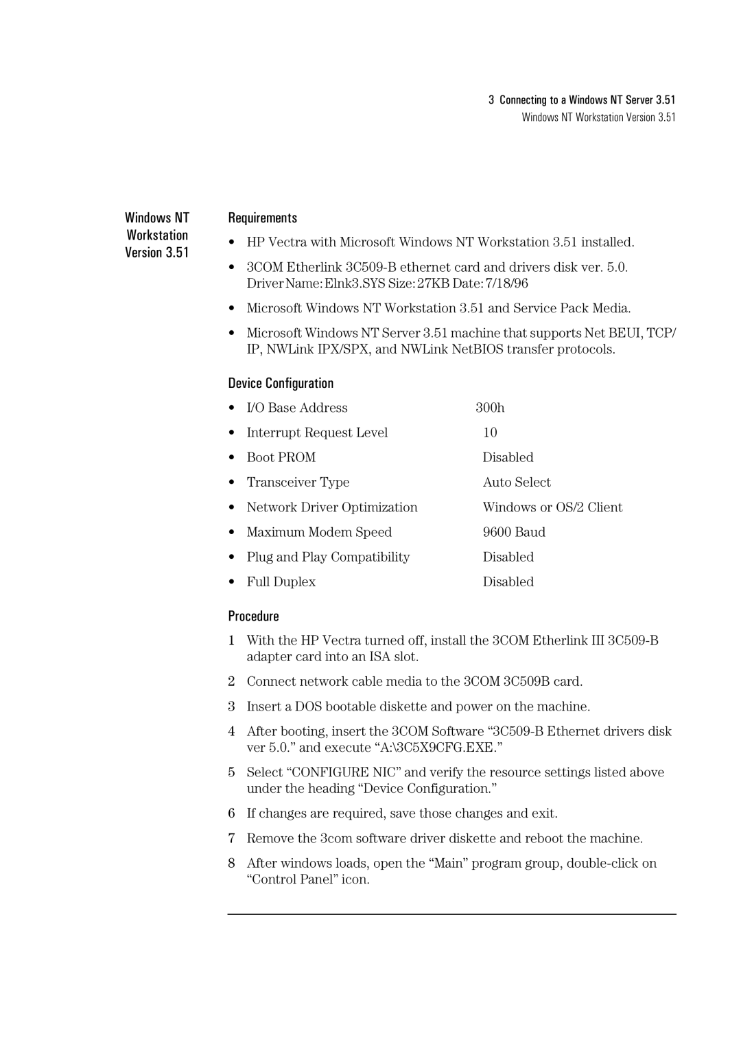 HP 3C590-TPO manual Windows NT Workstation Version Requirements 