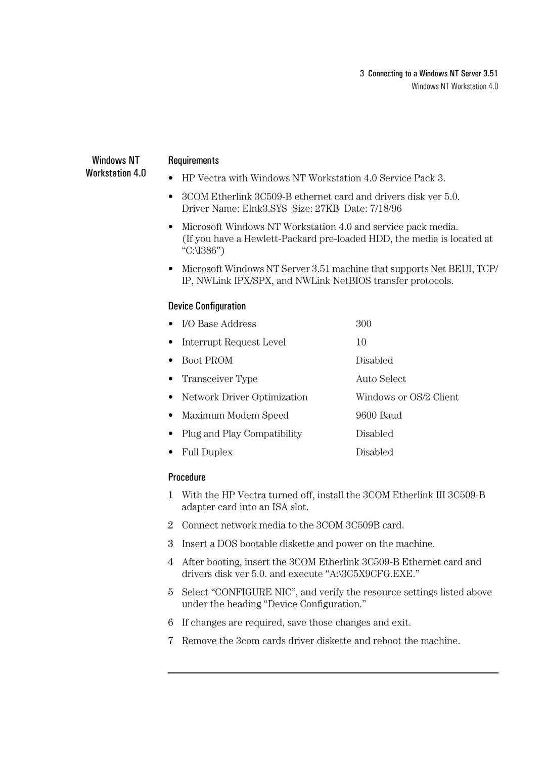 HP 3C590-TPO manual Windows NT Workstation Requirements 