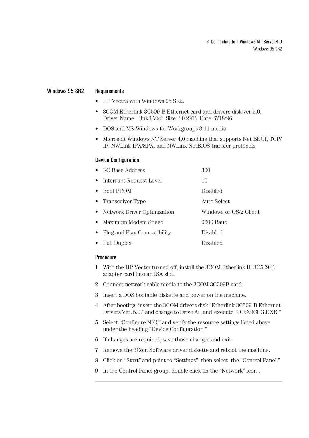 HP 3C590-TPO manual Windows 95 SR2 Requirements 